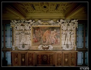 Plyndringen av Troja eller Catania, detalj av det dekorative oppsettet i Galleriet til Frans I (1494-1547) 1535-40 (freskomaleri og stukkatur)