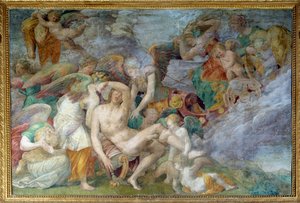 Dødsfallet til Adonis, freskomaleri av den femte sør-traveeen i galleriet til Francois I i Fontainebleau. Maleri av Giovanni Battista di Jacopo Rosso (1494-1541)