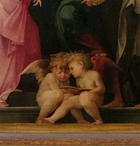 To kjeruber som leser, detalj fra Madonna og barn med hellige, 1518 paneldetalj av 50330