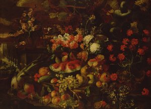 Stilleben med frukt, grønnsaker og blomster av Giovanni Battista Ruoppolo or Ruopolo