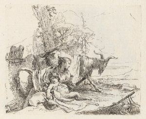 En nymfe med en liten satyr og to geiter, fra Vari capricci (Various Capriccios) av Giovanni Battista Tiepolo