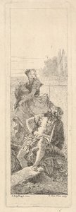 En skjeggete, sittende mann ser over høyre skulder mot et barn og en kvinne som bærer..., ca. 1750-55. av Giovanni Battista Tiepolo