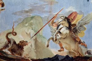 Bellerophon, rir Pegasus, dreper Chimaera, detalj av takfresken, se også 64554 av Giovanni Battista Tiepolo