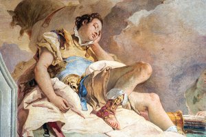 Detalj av Rinaldo, fra Armida som bortfører den sovende Rinaldo, fra Jerusalems rom levert i Palazzina, 1757 av Giovanni Battista Tiepolo
