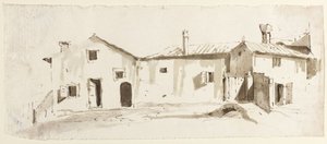 Gårdsbygninger med åpne dører, bro og port av Giovanni Battista Tiepolo
