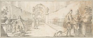 Illustrasjon til en bok: Figurer i samtale i en hage av Giovanni Battista Tiepolo