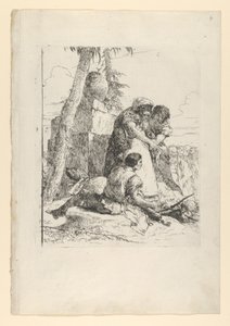 Magiker som peker ut et brennende hode til to ungdommer, fra Scherzi, ca. 1743-50. av Giovanni Battista Tiepolo