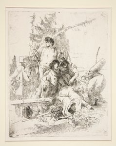 Punchinello snakker med de to magikerne, fra serien Scherzi di Fantasia av Giovanni-Battista Tiepolo