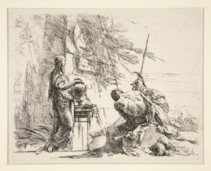 Stående kvinne og sittende mann foran en obelisk, fra serien Vari Capricci av Giovanni-Battista Tiepolo