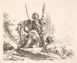 Drei Soldaten und ein auf dem Bauch liegender Jugendlicher in einer Landschaft, die Soldaten tragen..., ca. 1740-42 von Giovanni Battista Tiepolo