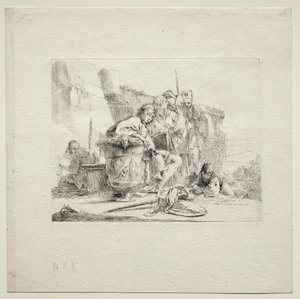 Ulike caprices: Den unge mannen sitter, lener seg mot en urne av Giovanni Battista Tiepolo