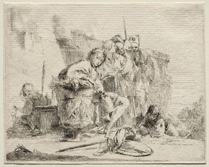 Ulike caprices: Ung mann sitter, lener seg mot en urne av Giovanni-Battista Tiepolo