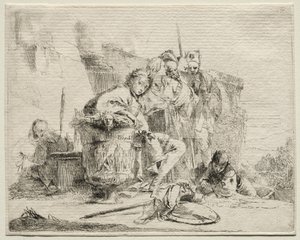 Ulike caprices: Ung mann sitter, lener seg mot en urne. av Giovanni Battista Tiepolo