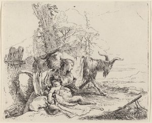 Kvinne, Satyrbarn og geit i et landskap av Giovanni Battista Tiepolo