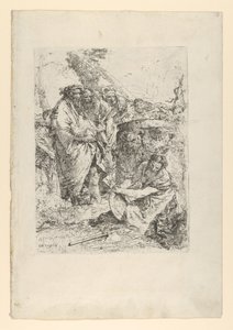 Kvinne som kneler foran tryllekunstnere og andre skikkelser, fra Scherzi, ca. 1743-50. av Giovanni Battista Tiepolo