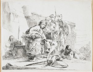 Junger Mann sitzt, lehnt an einer Urne, Platte aus Vari Capricci, 1740er Jahre von Giovanni Battista Tiepolo