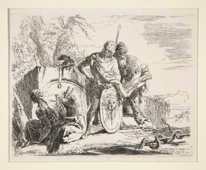 Ung soldat med filosof og sittende kvinne, fra serien Vari Capricci av Giovanni-Battista Tiepolo