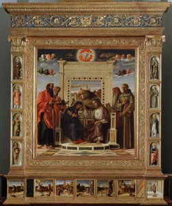 Altertavle Bellini: sentral del "" kroning av Jomfruen mellom Saint Peter og Saint Paul (til venstre) og Saint Hieronymus og Saint Francois av Assisi (høyre)"" Oljemaleri og remp av Giovanni Bellini (rundt 1432-1516) sa il Giambellino. 1475 ca. Su av Giovanni Bellini