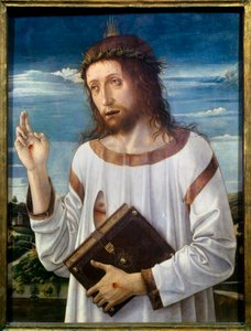 Kristus Benching Maleri av Giovanni Bellini dit il Giambellino (1430-1516) 1460 Søn.0,58x0,46 m - Kristusvelsignelse. Maleri av Giovanni Bellini kalt Giambellino (1430-1516) 1460. 0,58 x 0,46 m. Louvre-museet, Paris av Giovanni Bellini