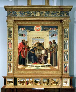 Kroning av jomfruen med SS. Paul, Peter, Hieronymus og Frans av Assisi med scener fra de helliges liv i predella-panelet, kjent som Pala di Pesaro-altertavlen, ca. 1474 (olje på panel) av Giovanni Bellini