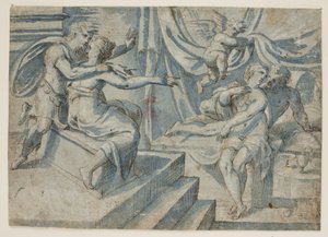 Et kjærestepar på en seng blir avslørt av en putto til en romersk soldat og hans kone av Giovanni Bellini