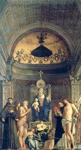 Madonna og barn tronet mellom SS. Francis, døperen Johannes, Job, Dominic, Sebastian og Louis (San Giobbe-altertavlen) ca. 1487 (for detaljer se 61101 og 276359) av Giovanni Bellini