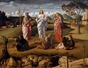 Kristi forvandling. Karakterene til Moses og Elias i Det gamle testamente er representert rundt Jesus. Kunstnerens signatur er representert på et papir som holder avslutningen i forgrunnen. Maleri av Giovanni Bellini sa il Giambellino (1432 av Giovanni Bellini