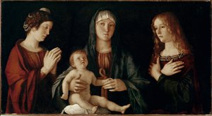 Jomfru med barn med den hellige Katarina og den hellige Maria Magdalena (tempera på panel av Giovanni Bellini