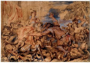 Homer's Odyssey: heksen Circe og Odysseus (Ulysses) sine følgesvenner ble til svin - Tegning