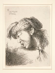 En mann uten skjegg, sett i profil og vendt mot høyre. Munnen hans er åpen som for å gråte, fra serien Les petites tetes d av Giovanni Benedetto Castiglione