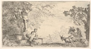 En satyr lenende ved foten av en statue av Priapus, geiter til høyre, ca. 1645-48. av Giovanni Benedetto Castiglione