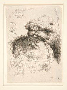 En gammel mann med stort skjegg, sett forfra, hodet og øynene senket, fra serien Les petites tetes d av Giovanni Benedetto Castiglione