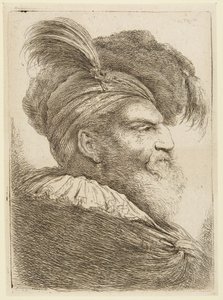 Hodet av en skjegget mann med fjærprydet hatt av Giovanni Benedetto Castiglione