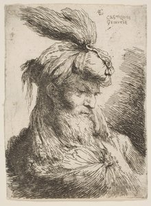 Hodet til en skjeggete mann med turban mot høyre, fra serien med små hoder..., ca. 1645-1650. av Giovanni Benedetto Castiglione