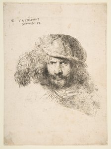 Hodet til en mann med en fjærkledd cap, muligens Bernini, muligens et selvportrett..., ca. 1645-1650. av Giovanni Benedetto Castiglione