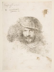 Hodet til en mann iført en fjærkledd cap, muligens Bernini, muligens et selvportrett..., ca. 1645-1650. av Giovanni Benedetto Castiglione