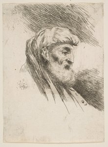 Hodet til en gammel skjeggete mann vendt mot høyre, fra serien med Small Heads in Orien..., ca. 1645-1650. av Giovanni Benedetto Castiglione