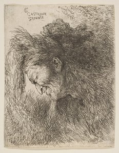 Hodet til en gammel mann som ser ned, vendt mot venstre, fra serien med små hoder i ..., ca. 1645-1650. av Giovanni Benedetto Castiglione