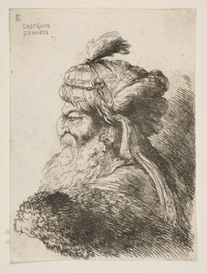 Hodet til en gammel mann med turban vendt mot venstre, fra serien med små hoder i ..., ca. 1645-1650. av Giovanni Benedetto Castiglione