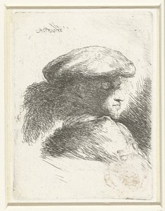 Hodet til en ung mann med en hatt med en fjær Liten studie av hoder med orientalsk hodeplagg (serietittel) av Giovanni Benedetto Castiglione