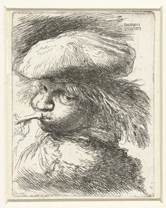 Hodet til en gutt som blåser i trompet Liten studie av hoder med orientalsk hodeplagg (serietittel) av Giovanni Benedetto Castiglione