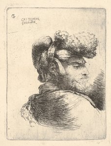 Mann i profil vendt mot høyre, iført pelslue, fra serie Small Heads i Or..., ca. 1645-1650. av Giovanni Benedetto Castiglione