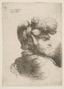 Mann i profil vendt mot høyre, iført pelslue, fra serie Small Heads i Or..., ca. 1645-1650.