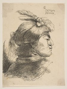 Mann iført en liten turban Oonamented med skyer og bånd, vendt mot høyre, fra ..., ca. 1645-1650. av Giovanni Benedetto Castiglione