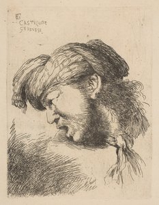 Mann med turban, et slips festet rundt halsen, vendt mot venstre, fra serien ..., ca. 1645-50. av Giovanni Benedetto Castiglione