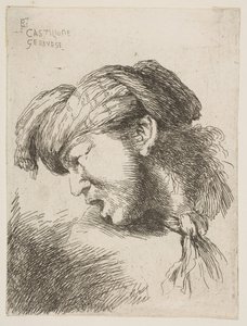 Mann iført turban, et slips festet rundt halsen, vendt mot venstre, fra serien av..., 1645-1650. av Giovanni Benedetto Castiglione