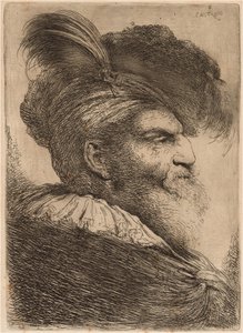 Mann med langt skjegg og hodeplagg, mot høyre av Giovanni Benedetto Castiglione