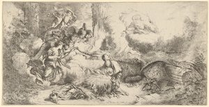 Fødsel med Gud Faderen og engler, ca. 1647-50. av Giovanni Benedetto Castiglione