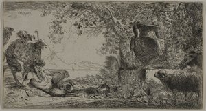 Pan liggende foran en stor vase av Giovanni Benedetto Castiglione