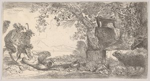 Pan liggende til venstre med to stående satyrer, en stor vase på en sokkel til høyre, ca. 1645. av Giovanni Benedetto Castiglione